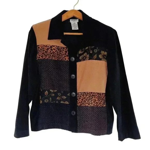 Vintage Liz Baker Black Brown Patchwork Long Sleeve Button Up Blouse Size 10P - Picture 1 of 5